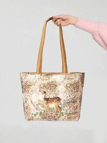ROMWE Fairycore Bolso de hombro portátil de gran capacidad con gráfico de figura para mujeres - Marrón - Ver 6