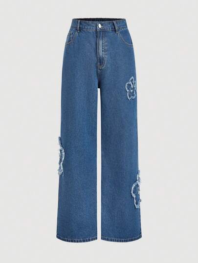 Sweetra 大码女式复古花卉贴花休闲直筒牛仔裤