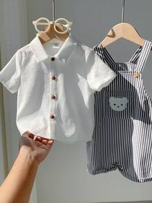 SHEIN 2pcs Set White Summer Casual Family Matching Baby Boy Striped Cartoon Bear Romper Overalls & Short Sleeve Collared Button Shirt Outfit For Birthday - Multicolor - View 9