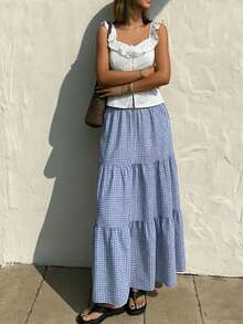 Pariaura 2026 New Arrival Blue White Plaid Maxi Skirt Women's Casual Commute Vacation Style Elastic Smocked High Waist Simple A-Line Long Skirts Blue Gingham Long Summer Skirt Picnic Outfit Women Gingham Skirt Checkered Skirt - Multicolor - View 3