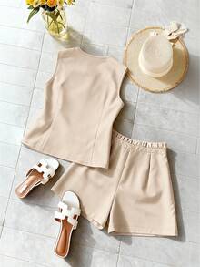 Franclia Women's Elegant Commute & Date Sleeveless Pleated 2 Pieces Set - Light Yellow - View 2