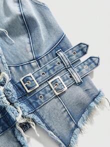 ROMWE Hippie Women's Sexy Deep V-Neck Sleeveless Denim Top With Fringe Hem And Waist Buckle Design - Light Wash - View 3