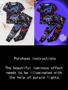 Young BoyCartoon Dinosaur Neon Glow-In-The-Dark Print Short Sleeve Tight Fit Pajama Set, Random Pattern - Multicolor - View 7