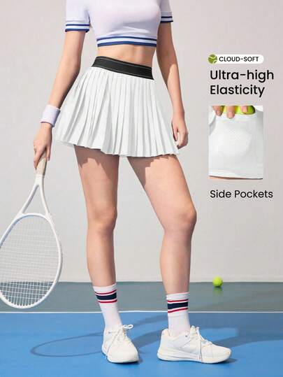 CourtClass Casual Versatile White High Elastic Waistband Pleated Pocket Yoga Sports Skort