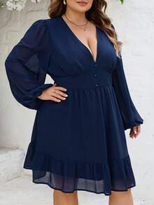 SHEIN CURVE+ CURVE PLUS /Valentine's Day/Plus Lantern Sleeve Ruffle Hem Dress - Blue - View 4