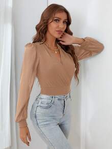 Chiquease Women's Surplice Neck Mesh Patchwork Lantern Sleeve Bodysuit, Fashionable For Spring, Summer, Autumn - Khaki - View 6