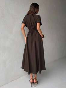 Aloruh Đầm dài màu cà phê, cổ chữ V, tay ngắn, dáng xòe, màu trơn thanh lịch. - Cà phê - Xem 2