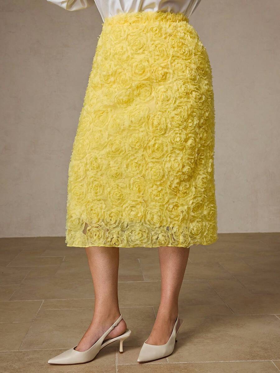 Aveloria Rosie Chân váy maxi màu trơn, cạp chun co giãn, chất liệu vải hoa 3D, phù hợp cho người có thân hình đầy đặn, phong cách châu Âu và Mỹ, thích hợp cho mùa thu/đông. - Màu vàng - Xem 1