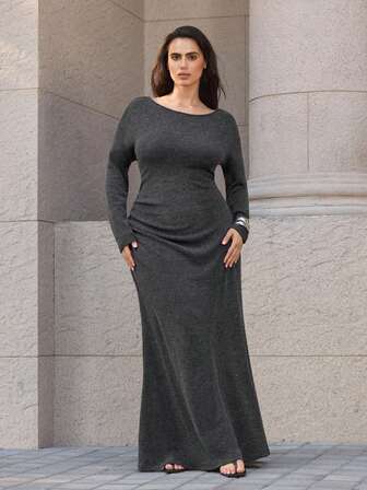 Maija Vestido largo extra para mujer talla grande, diseño minimalista de alta gama versátil para uso diario, gris oscuro, tela de punto suave, cuello en U, silueta ajustada, cintura ceñida, elegante y sencillo, vestido largo para mujer, casual de negocios, para ir al trabajo, uso diario, estilo coreano, elegante vestido de fiesta, boda o invitada