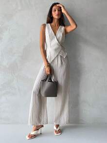 Aloruh Bộ đồ nữ mùa xuân/hè mới, áo vest vải kẻ sọc và quần ống rộng, trang phục thường ngày phong cách retro đi nghỉ mát, 2 món. - Nhiều màu - Xem 5