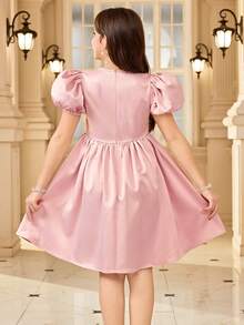 SHEIN 少女優雅圓領花瓣袖3D花卉裝飾中長洋裝 - 粉色 - 查看 4