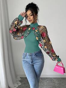 Chiquease 女士针织拼接网眼刺绣秋季T恤 - 水鴨藍 - 查看 5