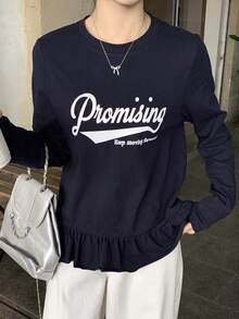 DAZY Women's Letter Print Round Neck Long Sleeve Ruffle Hem T-Shirt - Navy Blue - View 2