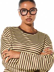 SUMWON WOMEN 横条纹长袖圆领T恤，休闲日常上衣，秋冬衣橱必备单品 - 棕色 - 查看 4