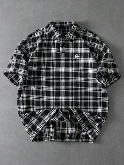 PAVTROS Camisa polo de manga corta casual/de negocios con estampado de cuadros y corte holgado para hombre