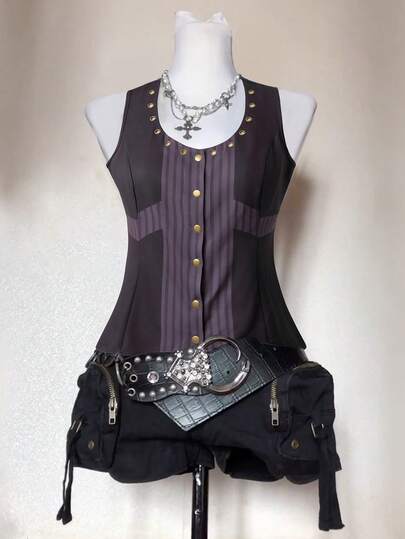 Sunspun Plus Size Women Striped Studded Single-Breasted Vest