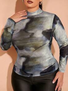 SHEIN BAE Áo dài tay cổ cao dáng rộng cỡ lớn dành cho mùa thu đông, chất liệu lưới xuyên thấu, họa tiết vân đá nâu, kiểu dáng đa năng, gợi cảm. - Nhiều màu - Xem 6