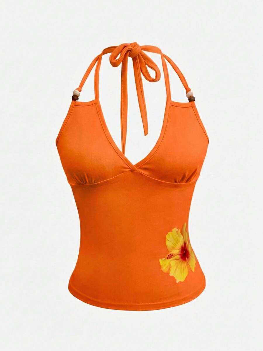 Sweetra Tropical Floral Print Beaded Halter Neck Fitted Top - Orange - View 1