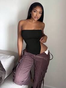 Alexandranx Streetwear 女式纯色仿 PU 亮面抹胸紧身衣，秋季 - 黑色 - 查看 6