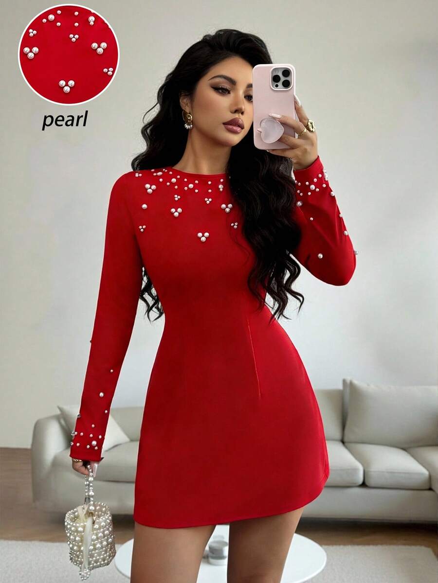 Selianne New Asymmetrical Bubble Bead Elegant Red A-Line Long Sleeve Mini Dress, Suitable For Dates, Parties, And Gatherings