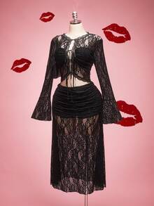 SHEIN ICON 大码女式系带喇叭袖上衣和百褶迷你裙性感两件套 - 黑色 - 查看 4