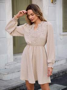 Louniche Women's Lace Collar Waist Flared Short Dress, Spring/Autumn - Khaki - View 5