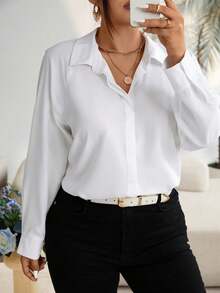 Vionelle 大码女式长袖插肩袖白色优雅衬衫，简约风格OL衬衫，漂亮翻领长袖中长款衬衫 - 白色 - 查看 6
