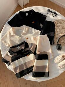 SHEIN 6pcs/Set Unisex Baby Boy/Girl Cute Striped & Solid Color Polo Collar Short Sleeve Shirt And Shorts Set, Spring/Summer Baby Boy Clothes, Outfits - Multicolor - View 5