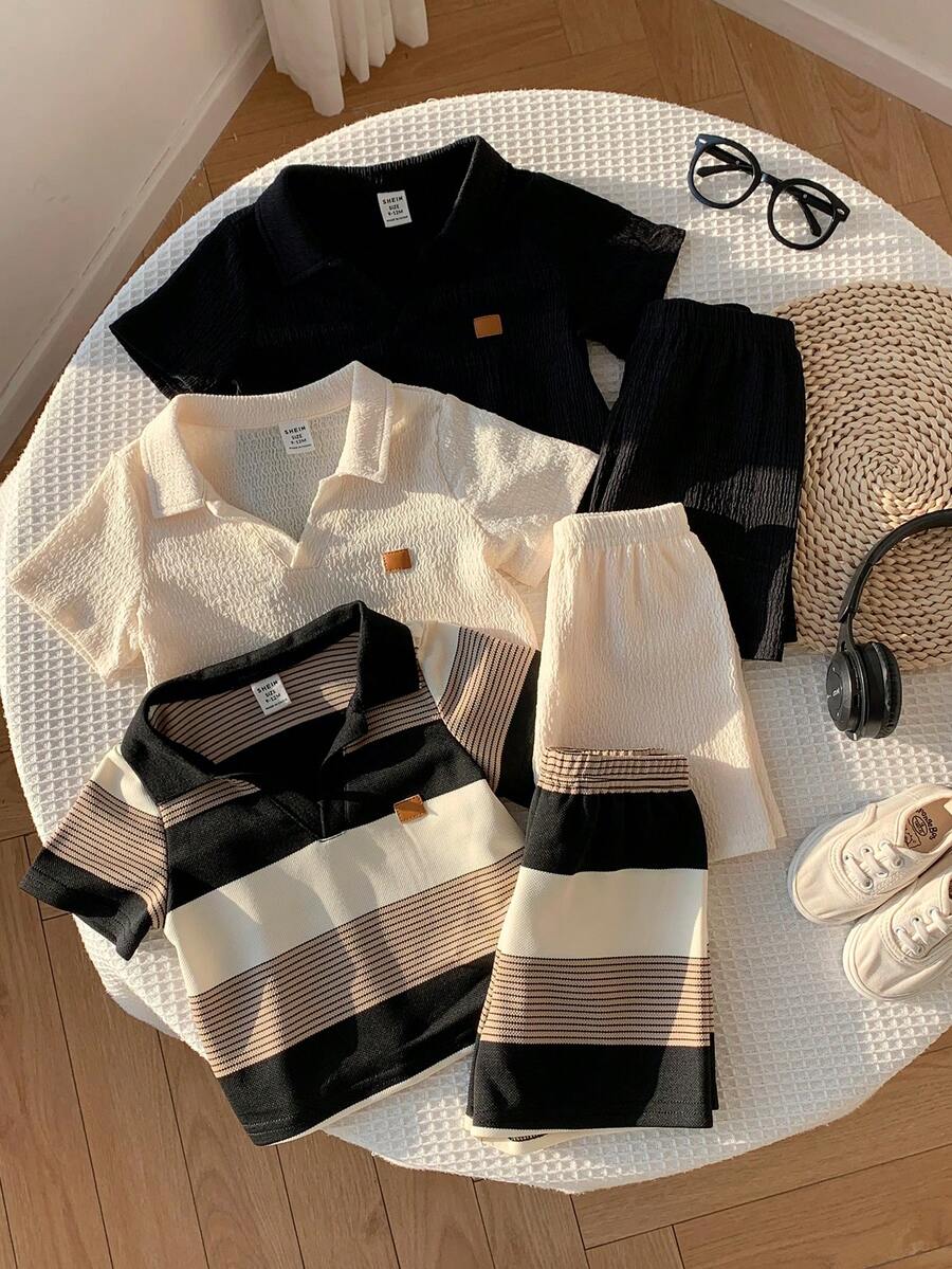 SHEIN 6pcs/Set Unisex Baby Boy/Girl Cute Striped & Solid Color Polo Collar Short Sleeve Shirt And Shorts Set, Spring/Summer Baby Boy Clothes, Outfits - Multicolor - View 1