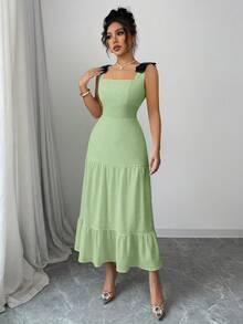 Elenzga Vestido de playa de punto bordado con lazo y bloques de color para fiesta y vacaciones - Verde Pastel - Ver 5