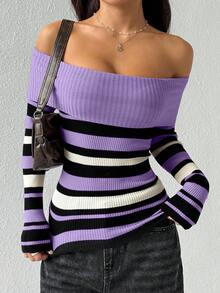 Flirla Women's Autumn/Winter Casual Fashion Colorblock Striped Foldover Off Shoulder Fitted Sweater - Purple - View 5