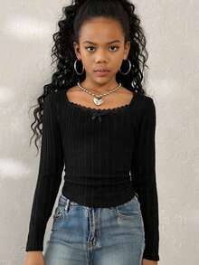 Coolane Kids Tween-Mädchen Herbst/Winter, Basics für jeden Tag, süßes schwarzes, figurbetontes Langarmshirt mit Spitze, Kleidung für Neujahr, Winter und Weihnachten - Schwarz - Übersicht 2