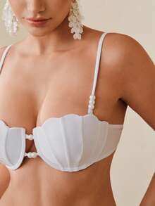 Swim Oasis 3pcs/Set Summer Vacation Sexy Pearl Shell Bikini Set With Spaghetti Straps & Front/Middle Slit Drawstring Maxi Dress - White - View 7