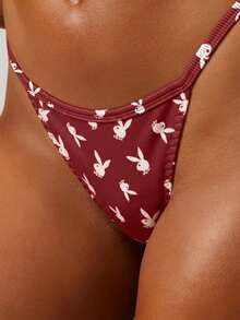 Missguided x Playboy Ribbed Bunny Print Cheeky Coverage Low Rise String Thong Panties Underwear - Burgundy - View 3