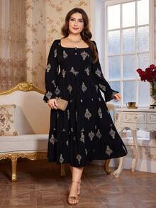 Ellevyn 大码女式花卉刺绣方领喇叭袖荷叶边下摆优雅连衣裙 - 黑色 - 查看 7