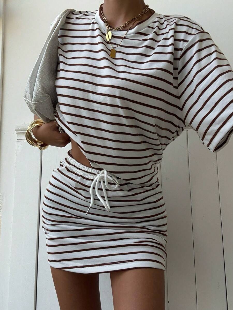 Muchica Striped Knit Women's Round Neck Short Sleeve T-Shirt And Drawstring Waist Mini Skirt Casual Set