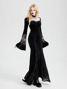 Breakform Women's Gothic Vintage Style Square Neck Lace Trim Velvet Patchwork Flare Sleeve Sexy Crop Top, Suitable For Holidays, Daily Wear, Back To School - Black - View 5