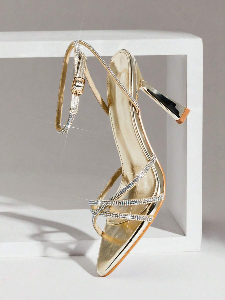 SHUZIA Women's Dressy Rhinestone Anke Strap Pointy Toe High Heel Sandals - Gold - View 1