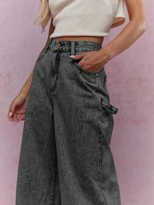 MISSGUIDED Vintage Wash Carpenter Jeans With Cuffed Hem Wide Leg Denim Pants For Fall Winter Casual Wear - Black - View 3