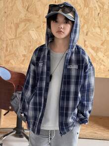 DAZY Tween Boy Letter & Plaid Print Long Sleeve Zip-Up Hooded Jacket Spring - Navy Blue - View 6