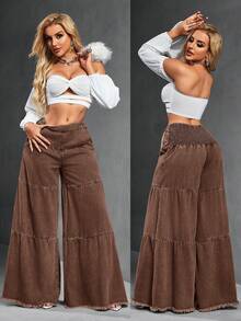 SHEIN SXY Pantalones vaqueros de pierna ancha con bolsillos, dobladillo deshilachado, de ajuste holgado y versátil para uso casual y de oficina para mujeres - Café integral - Ver 2