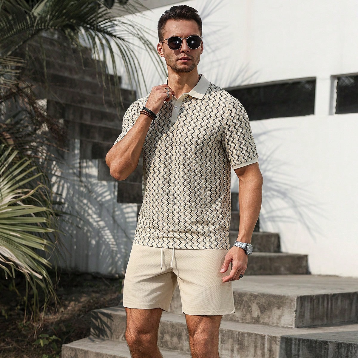 Conjunto de camisa polo de manga corta con textura y color contrastante para hombres, adecuado para salidas, reuniones y vacaciones. Conjunto de croch