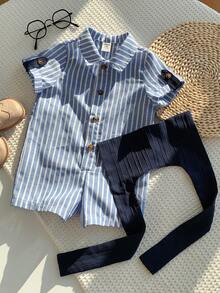 SHEIN 2件套新生男宝宝休闲度假藏蓝色条纹连体衣套装，含披肩，适合生日派对、锐舞派对、晚宴、演出、婚礼、迎婴派对、洗礼和一周岁生日庆祝活动。 - 彩色 - 查看 6