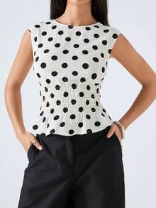 LYSMO Women's White Polka Dot Short Sleeve Cropped Top, Spring/Summer New Arrival - Beige - View 4
