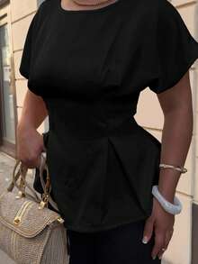 Jeta Ari Women's Summer New Elegant Commuting Vacation Vintage Graduation Daily Versatile Light Yellow Bamboo Texture Round Neck Short Sleeve Waist Pleated X-Type Regular Shirt - Black - View 3
