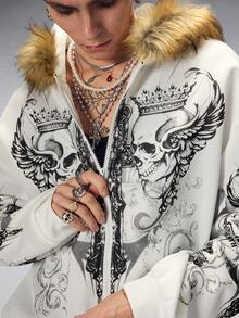 ROMWE MEN Unisex English Print Hooded Sweatshirt Sweatshirt With Fur Collar, Autumn/Winter - White - View 8