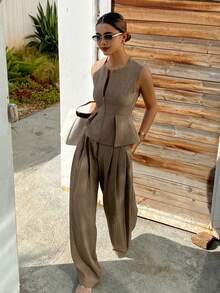 DAZY 2pcs/Set Women Casual Sleeveless Zip-Up Top And Pants Vacation - Navy Blue - View 5