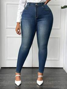 SHEIN SXY Plus Size Women Casual High Waist Skinny Jeans, Versatile & Minimalist - Dark Wash - View 7
