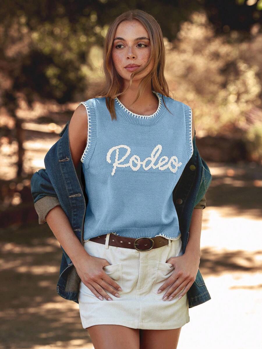WESTFADE Round Neck Multi Stitch Rodeo Embroidered Sweater Vest Fall, Autumn, Winter, Nashville Concert, Casual, Cute, Boho, Western Wear For Women - Blue - View 1