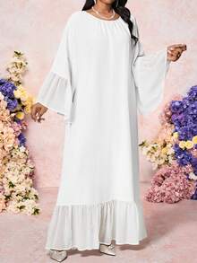 Fleurora Đầm dài dáng rộng, màu trơn, cổ tròn, tay loe, kiểu dáng thường ngày, cỡ lớn. - Màu xanh lam - Xem 3